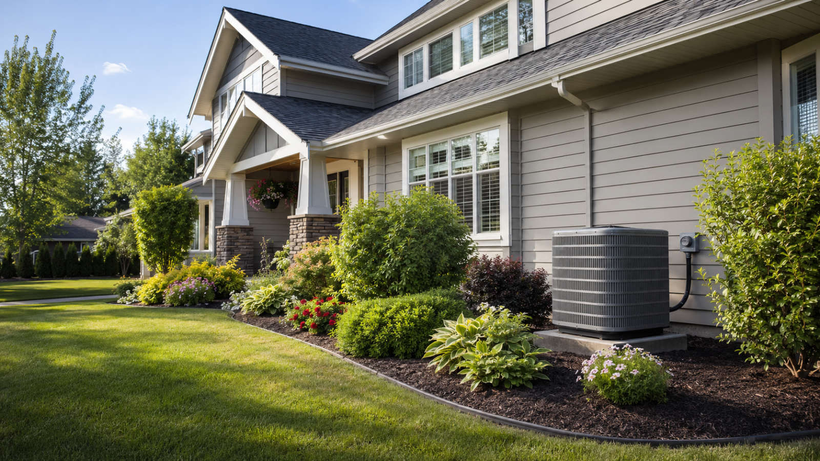 An outdoor air conditioning condenser unit installed alongside a modern suburban home in the Fraser Valley.