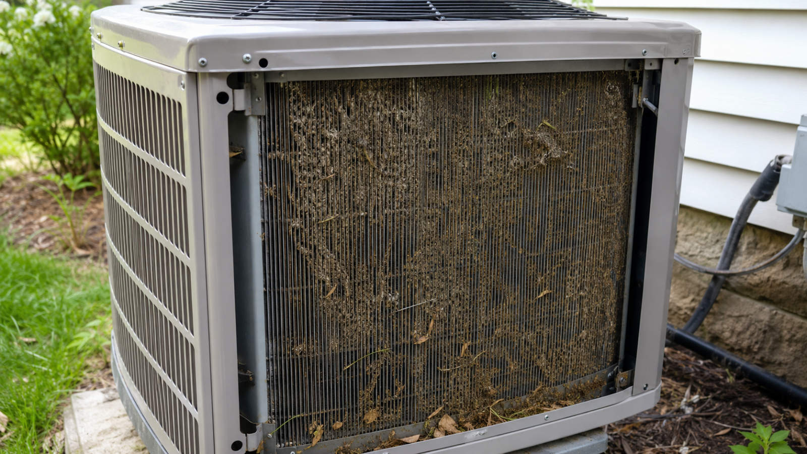 Close-up of an outdoor air conditioning condenser unit with dirty, debris-clogged coils needing cleaning and homeowner care.