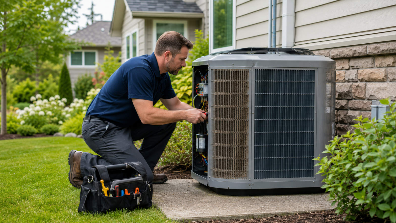 Professional HVAC technician inspecting and servicing an outdoor air conditioning unit with tools.