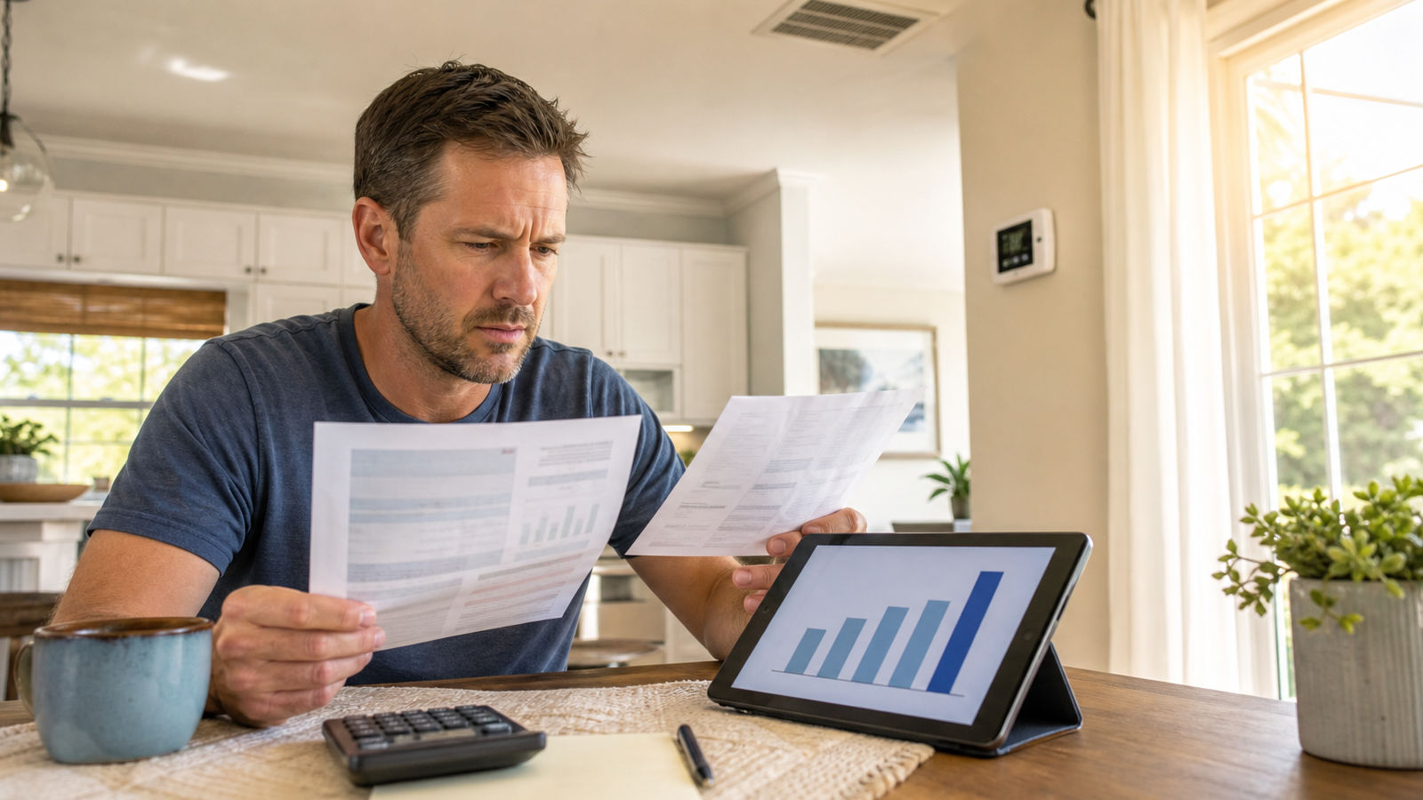 Concerned homeowner looking at an expensive electric utility bill and cost chart at the kitchen table.