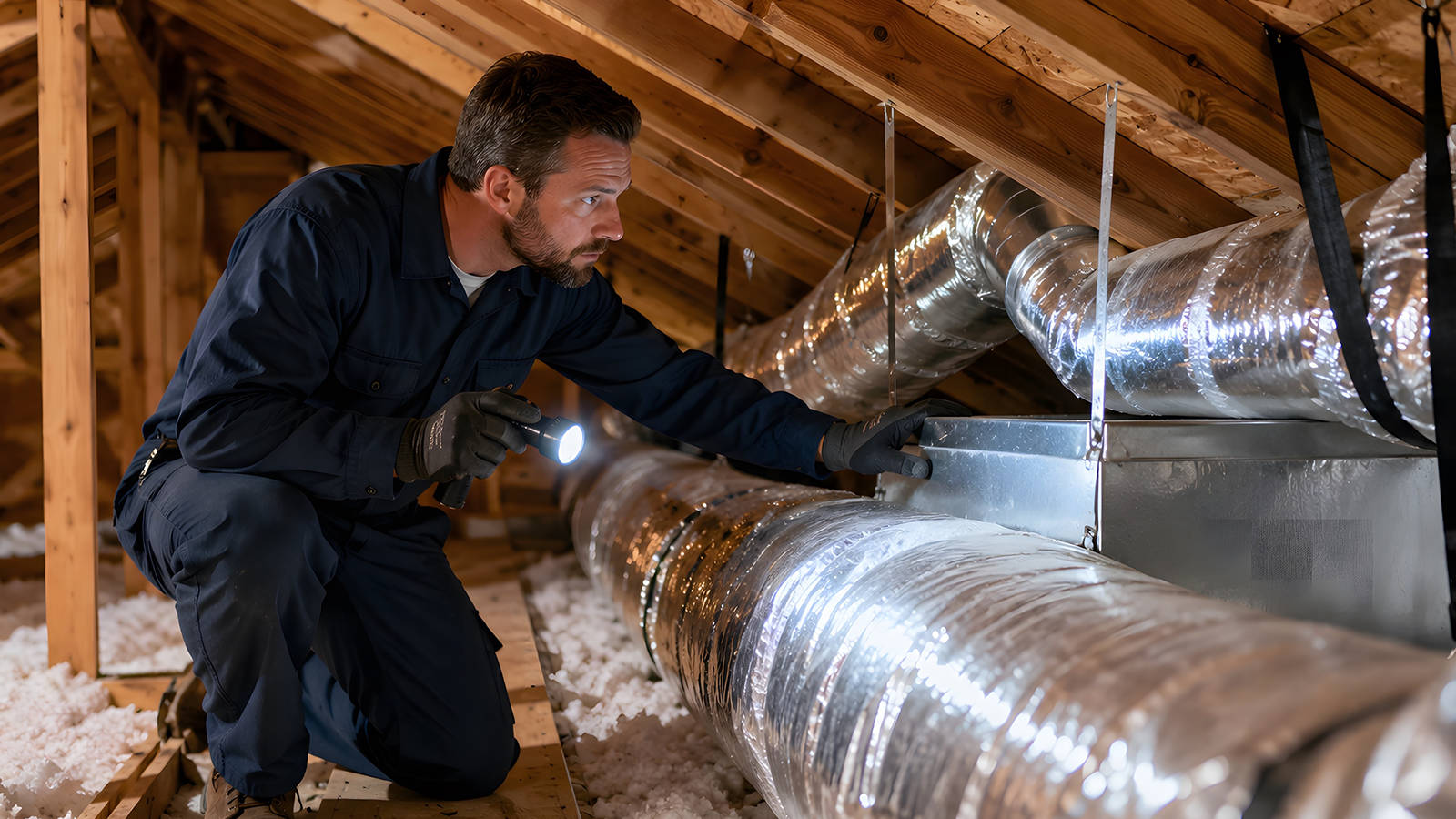 HVAC technician shines a flashlight while inspecting insulated air ducts in a home attic.