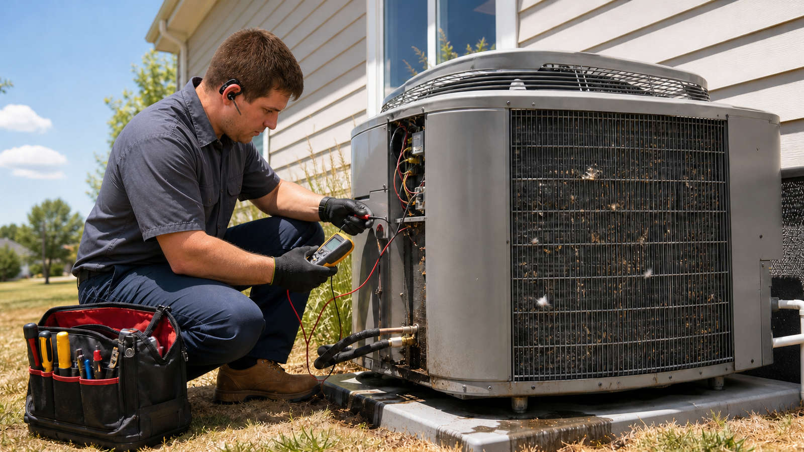 hvac-technician-servicing-outdoor-ac-unit-abbotsford Neufeld Heating HVAC technician testing an outdoor air conditioner condenser unit in an Abbotsford yard with a multimeter.