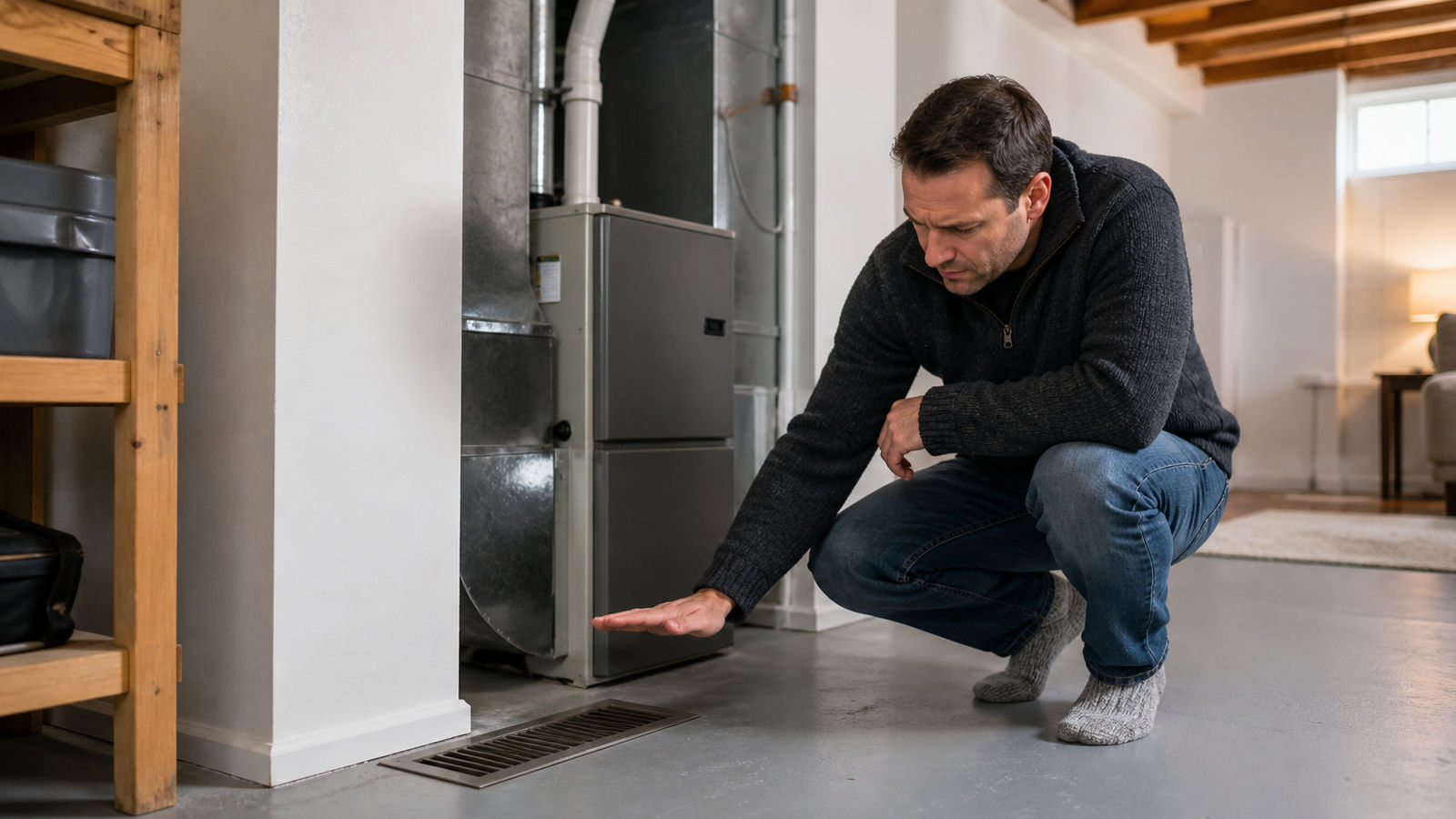 Man crouching down and holding his hand over a floor vent to check if the furnace is blowing cold air.