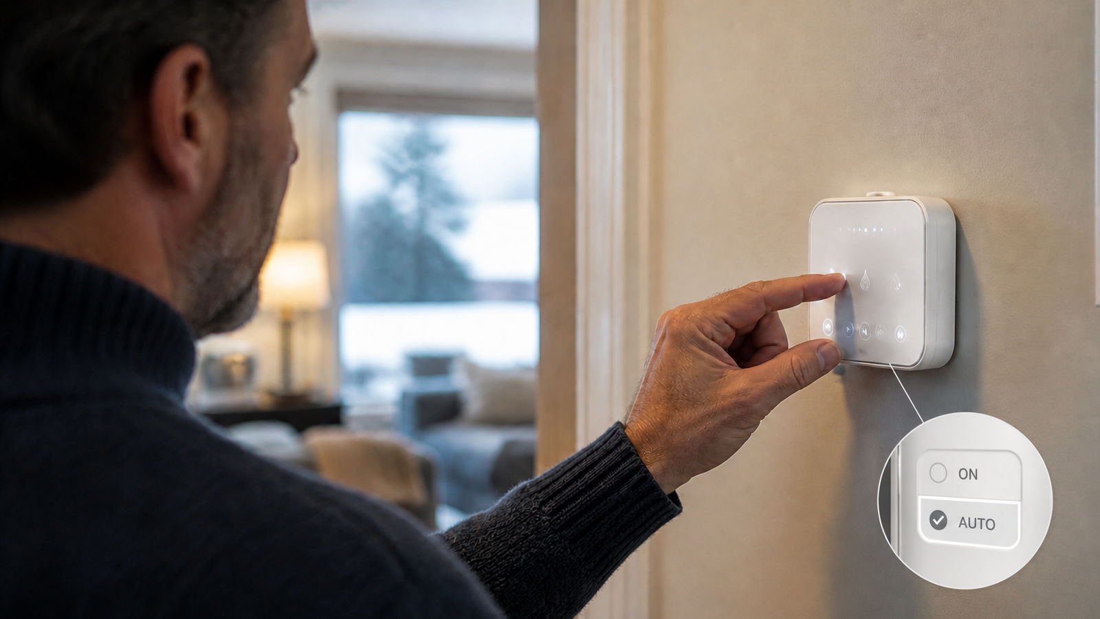 Close-up of a person adjusting a digital wall thermostat, switching the fan setting from On to Auto.