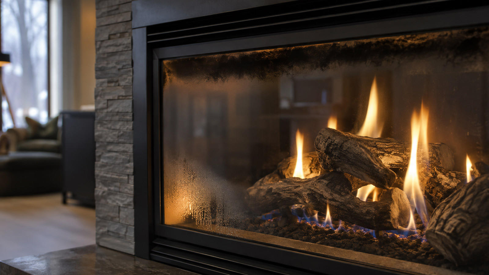 Modern indoor gas fireplace burning with condensation and soot buildup on the glass panel.