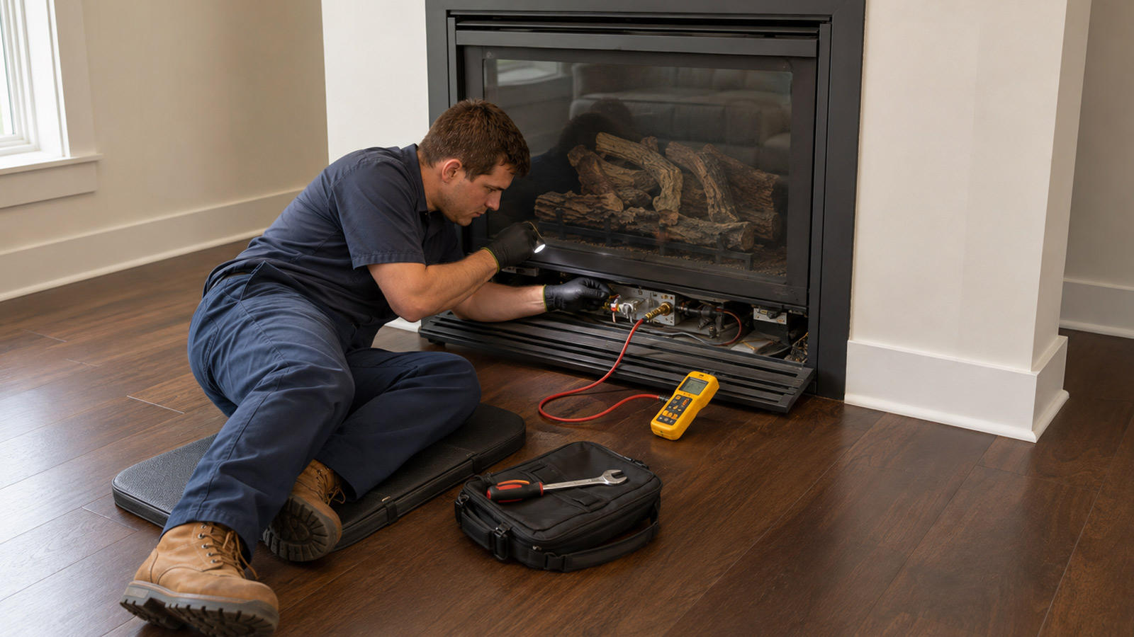 gas-fireplace-maintenance-technician-inspection Technicians conducting annual gas fireplace maintenance and component inspection.