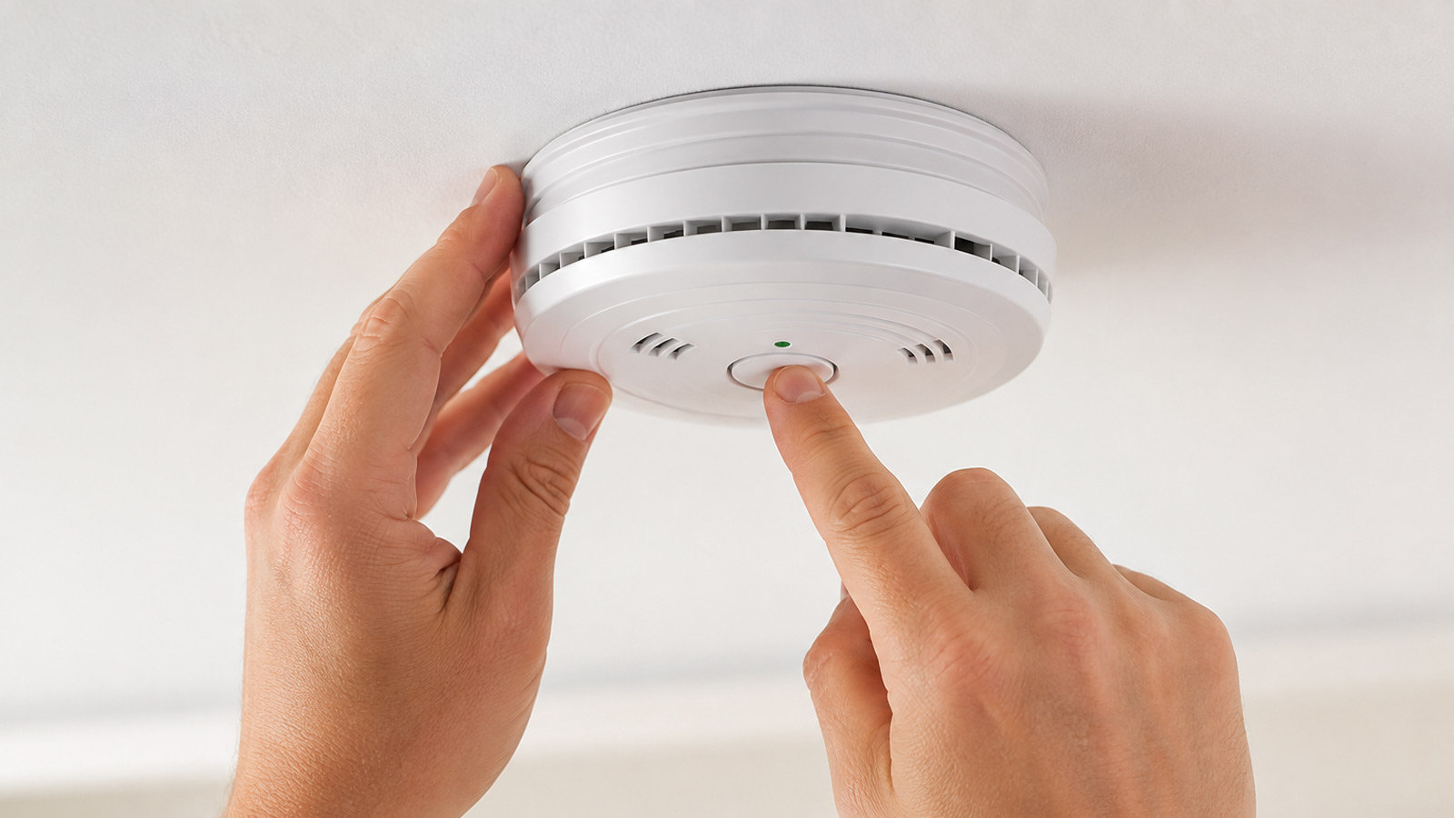 A person pressing the test button on a white ceiling-mounted carbon monoxide detector alarm.