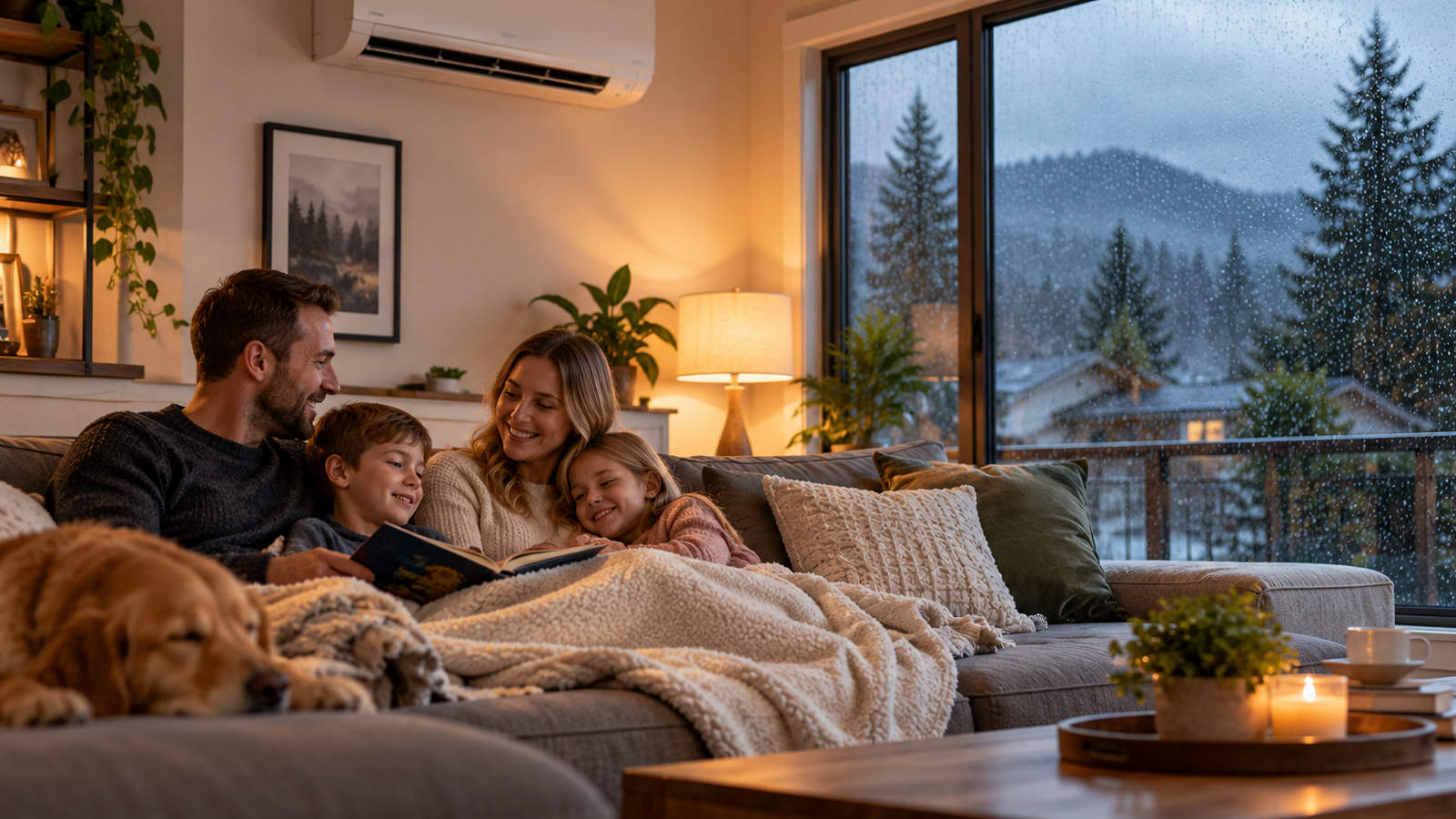 Family sitting together on a couch inside a warm living room heated by a mini-split heat pump while it rains outside.