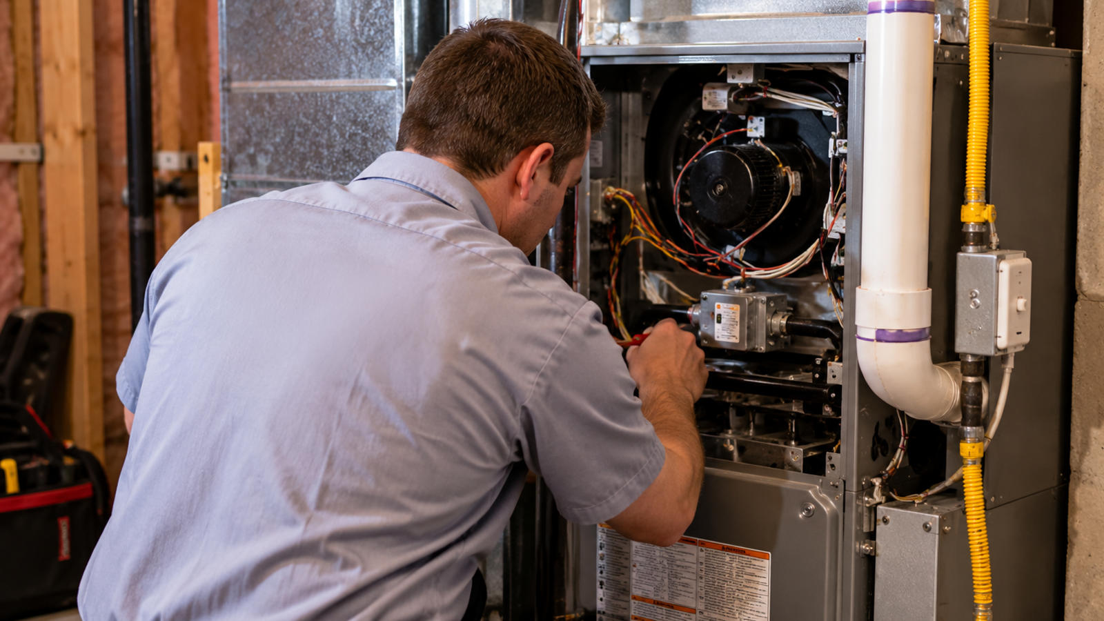 HVAC technician performing maintenance and safety inspection on an indoor gas furnace unit.