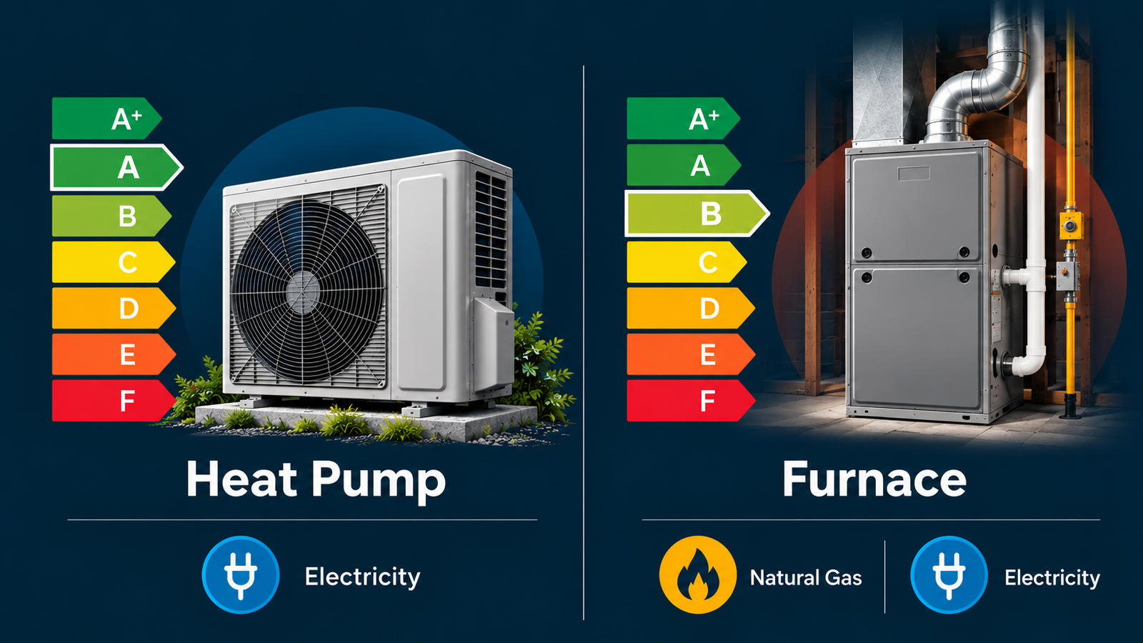 Energy efficiency comparison diagram showing a heat pump powered by electricity and a furnace powered by natural gas and electricity.
