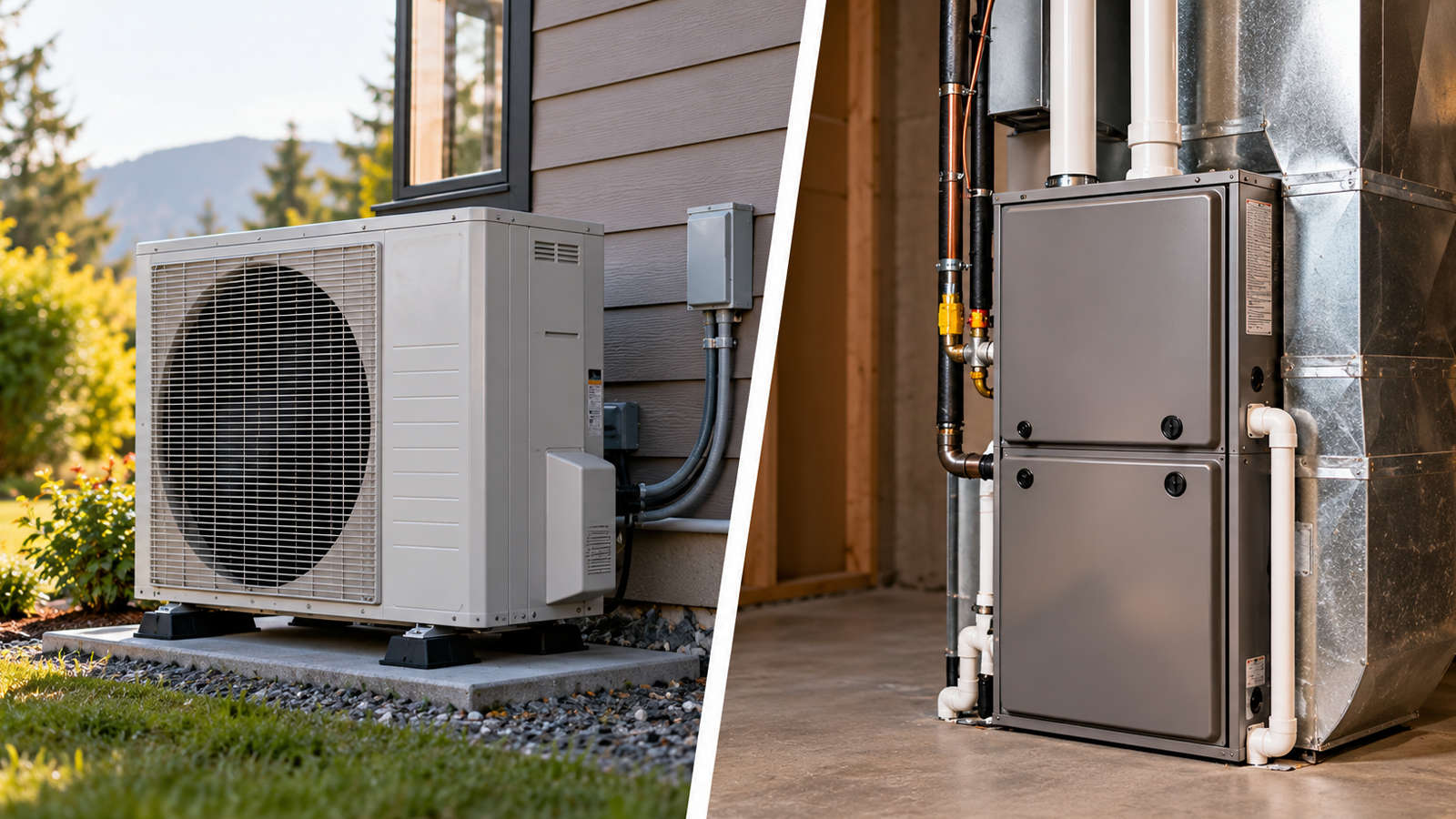 heat-pump-vs-furnace-abbotsford Split view comparing an outdoor heat pump unit on the left and an indoor natural gas furnace system on the right.
