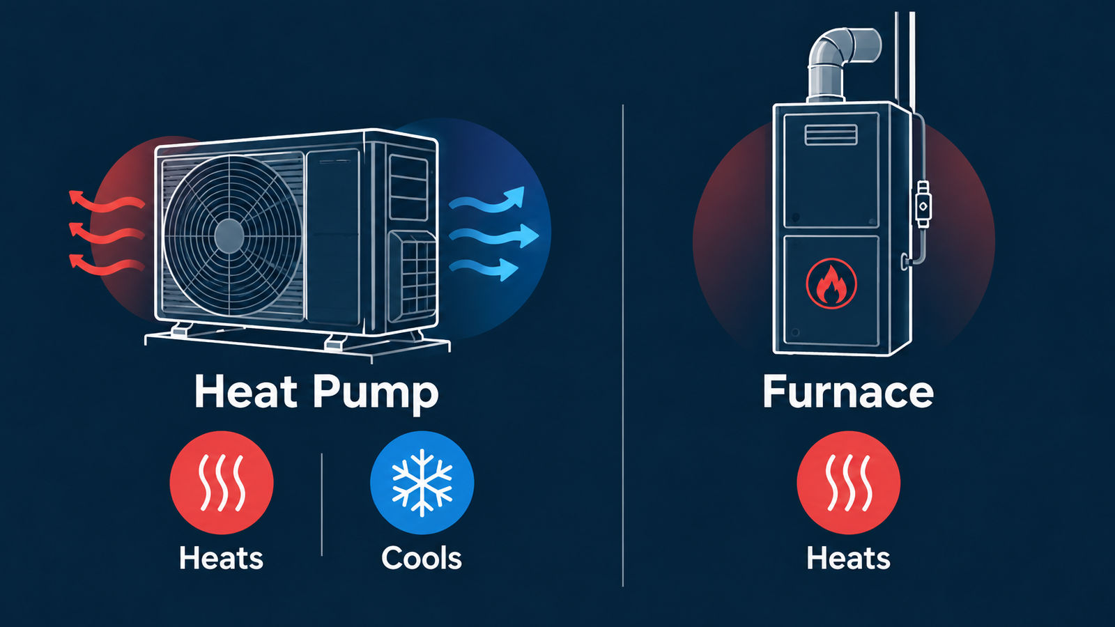 Graphic showing that a heat pump heats and cools while a furnace only heats.