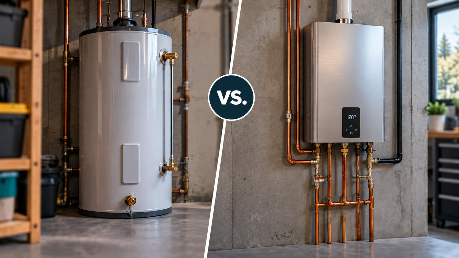 hot-water-tank-vs-tankless-water-heater-comparison Side-by-side visual comparison of a traditional tall hot water tank on the left versus a compact wall-mounted tankless water heater on the right.