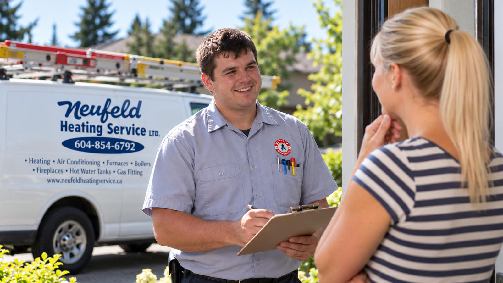 Neufeld Heating technician talking with a homeowner with the service van parked in the background.