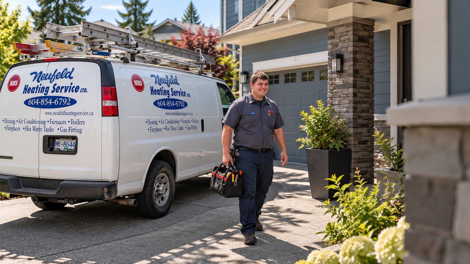 Neufeld Heating Service technician with a tool bag walking in front of a service van parked in a residential driveway.