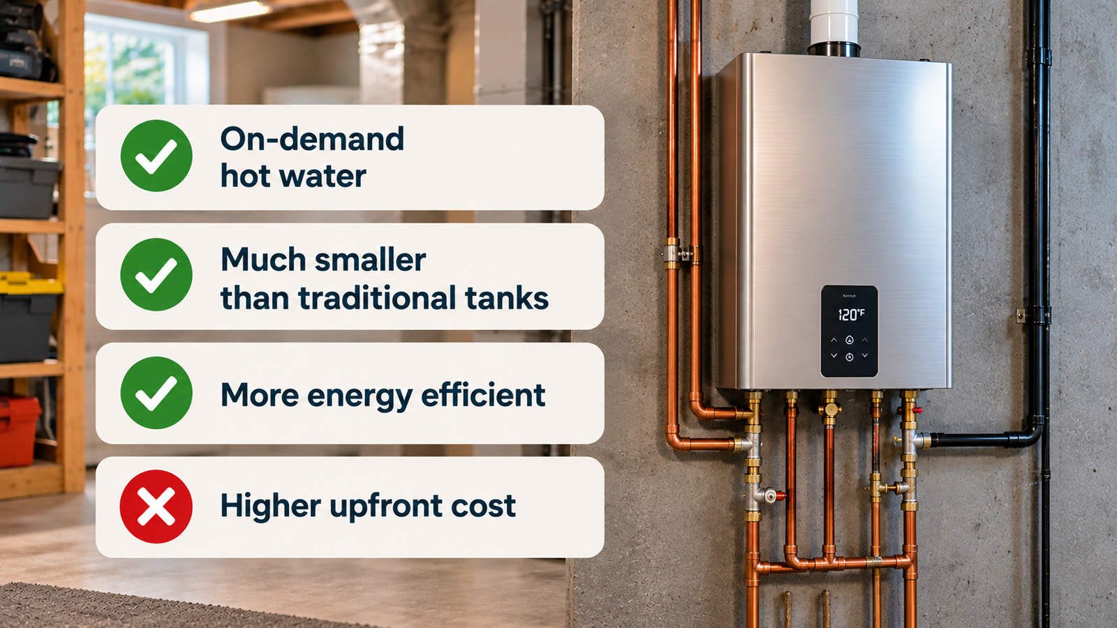 Modern wall-mounted tankless water heater with digital display detailing key features including on-demand hot water, compact design, energy efficiency, and higher upfront cost.