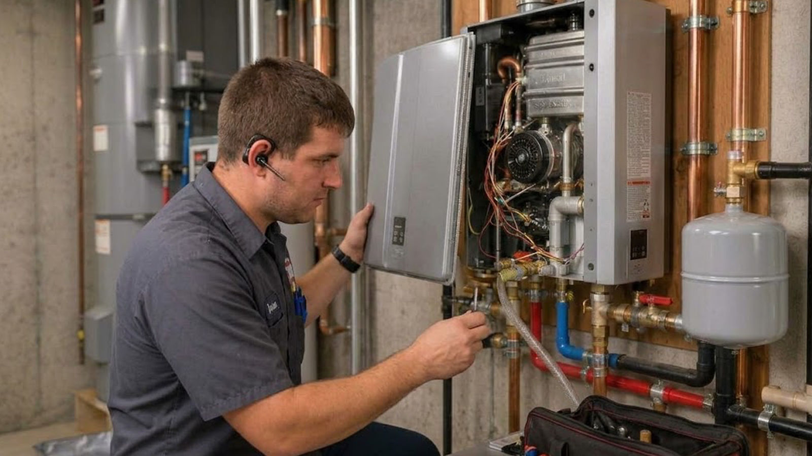 Technician performing routine maintenance and servicing on the internal components of a wall-mounted tankless water heater.